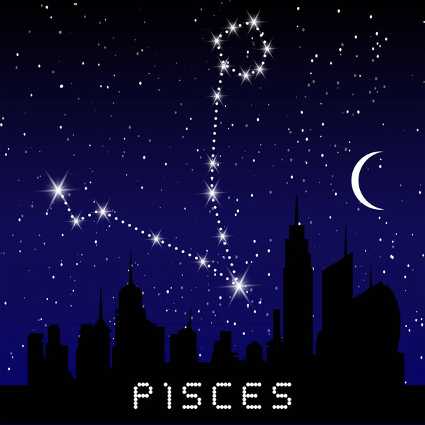 Las constelaciones del zodíaco de Piscis muestran un hermoso cielo estrellado con galaxia y espacio detrás. Signo de peces horóscopo símbolo constelación en fondo cosmos profundo. vector
 - Vector, Imagen