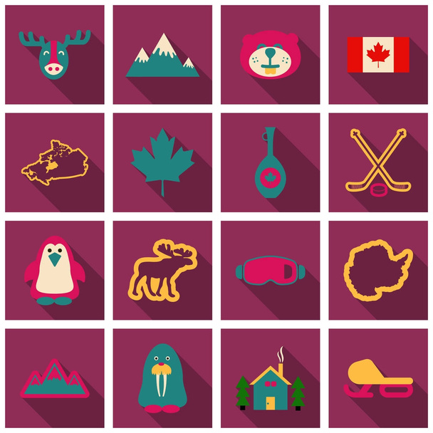 Комплект зимних икон различных объектов спортивного инвентаря и животных
 - Вектор,изображение