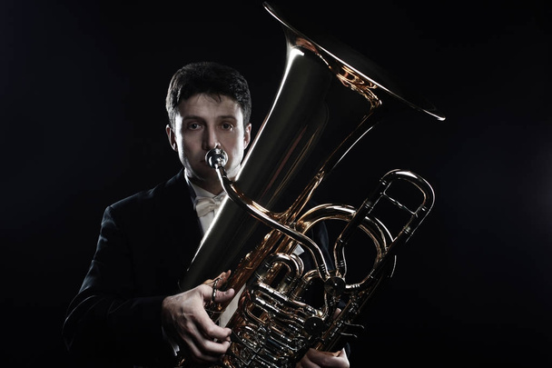 Tuba brass instrument. Classical musician portrait man horn play - Fotoğraf, Görsel