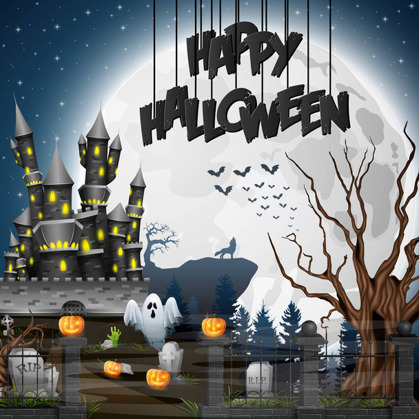 Halloween background with graveyard and castle - Vector, Image
