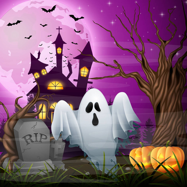 Scary church background with ghost and pumpkins - Vector, Image