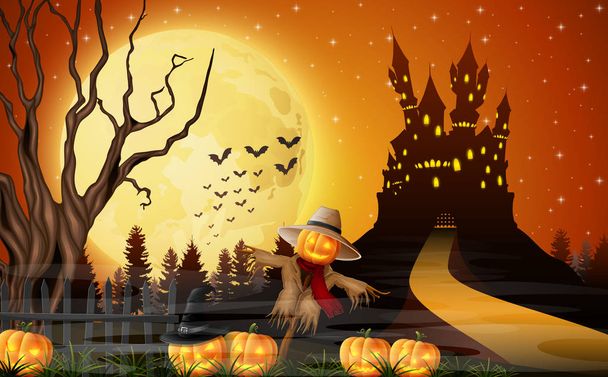 Scary castle with scarecrow and pumpkins on the full moon - Vector, Image
