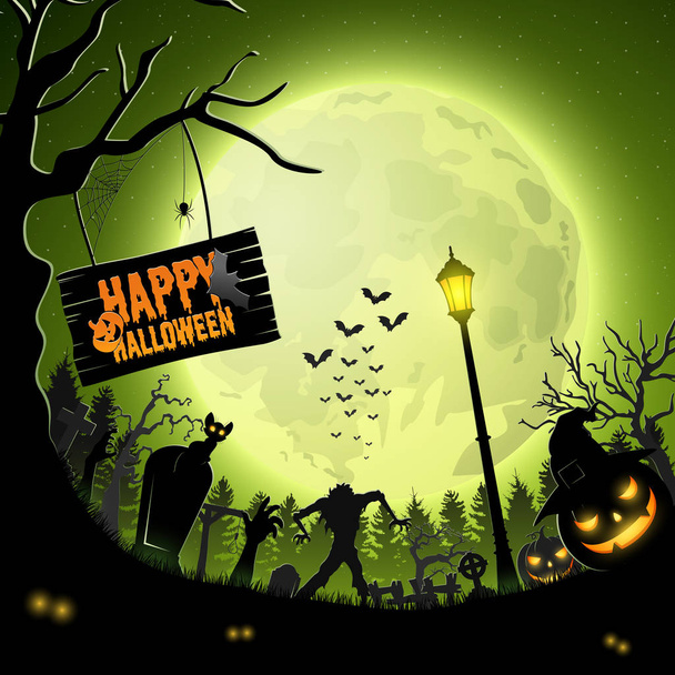 Halloween éjszaka, a sütőtök és a zombi sziluettek - Vektor, kép