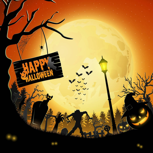 Хеллоуїн вночі з гарбузами і силуетами зомбі
 - Вектор, зображення