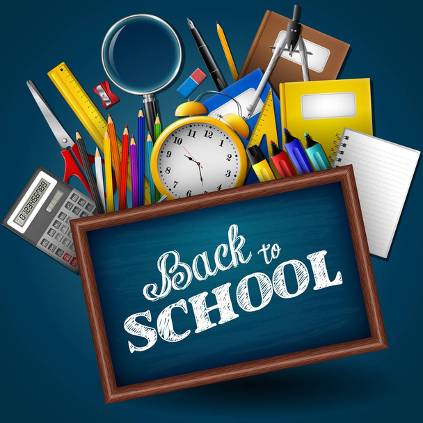 School supplies on blackboard background - Vector, Image