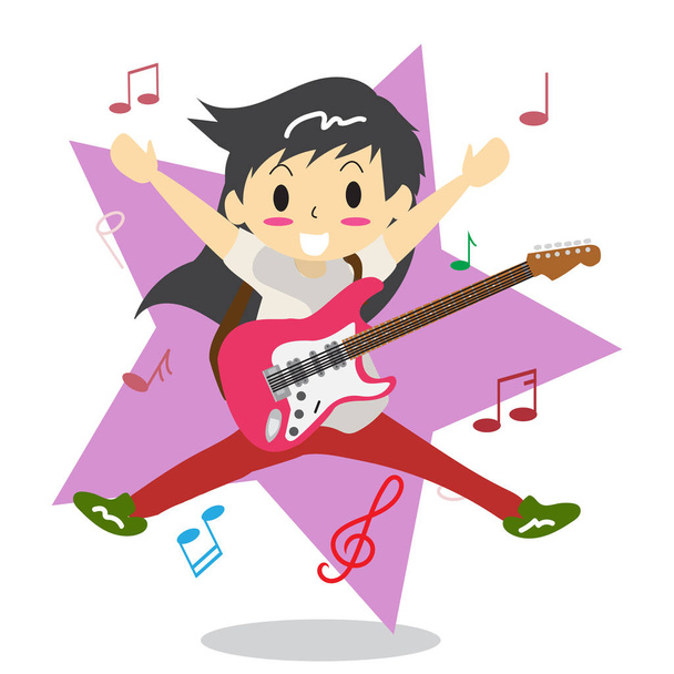 Mladík dlouhé vlasy hrající elektrické rocková kytara dobra hudba, hvězdné pozadí charakter designu obrázek vektor v karikatuře stylu - Vektor, obrázek