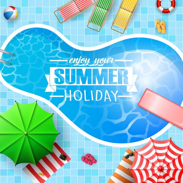 Κάτοψη του πισίνα με φοίνικες, ξαπλώστρες, ομπρέλες, στρώμα αέρα - Διάνυσμα, εικόνα