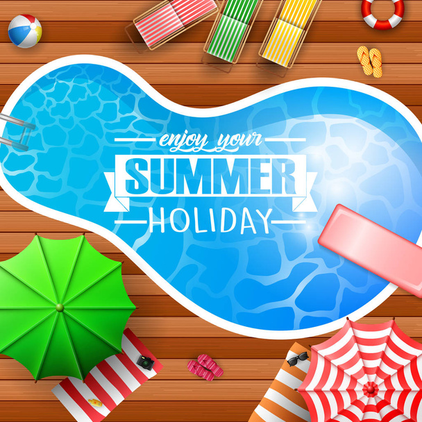 Summer background with swimming pool, umbrella, mattress - Vector, Image