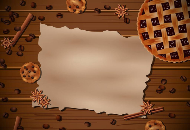Cookie-k és a fából készült asztal üres papírt kávébabra - Vektor, kép