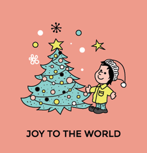 Cartoon illustration of a cute little boy wearing santa hat and decorative spruce.  - Вектор,изображение