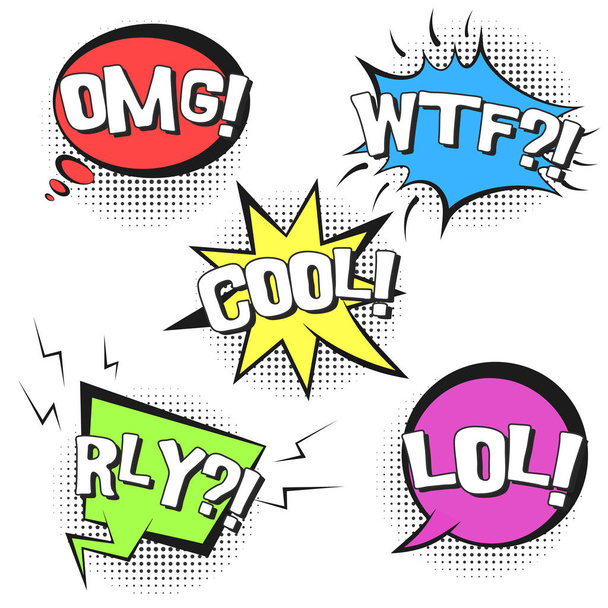 Retro comic speech bubbles with OMG, WTF, LOL, RLY - Vector, imagen