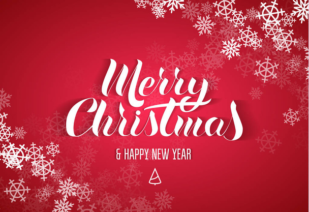 Lettering in the popular style of "Merry Christmas  Happy New Year". White paper letters with a shadow on a red background. snowflake frame on the corners - Vecteur, image