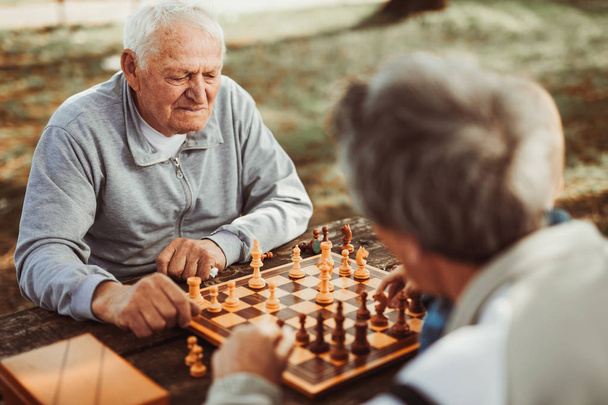 active retired senior men having fun and playing chess in park - Photo, Image