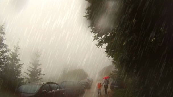 Сильний дощ у гірській місцевості. Мати з дитиною, що йде під дощем з парасолькою і плащем
. - Фото, зображення