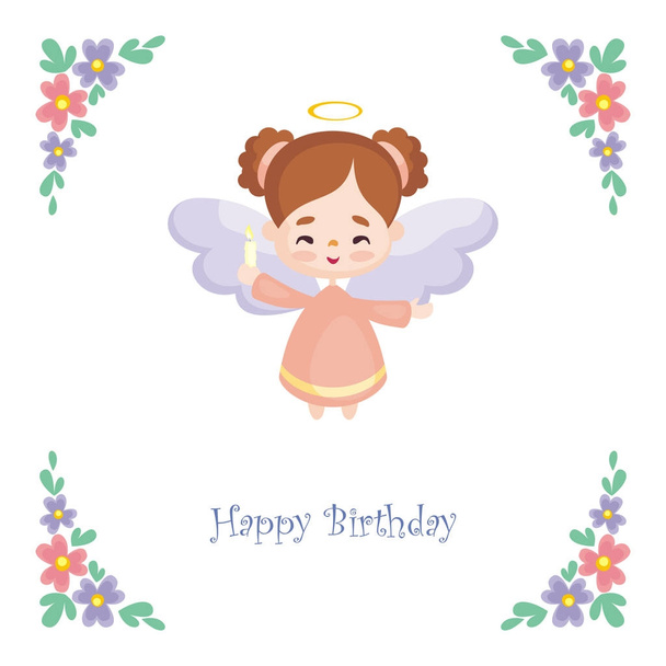 Birthday greeting card with the image of a pretty little angel. Vector illustration on a white background. - Διάνυσμα, εικόνα
