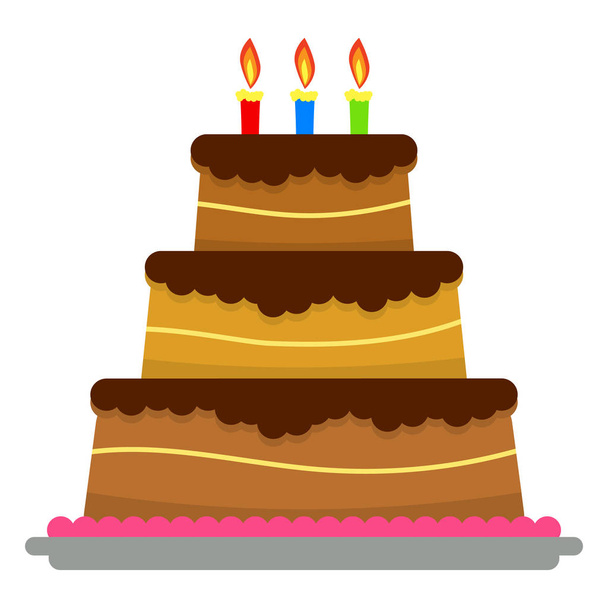 Сладкий праздничный торт с тремя горящими свечами
 - Вектор,изображение