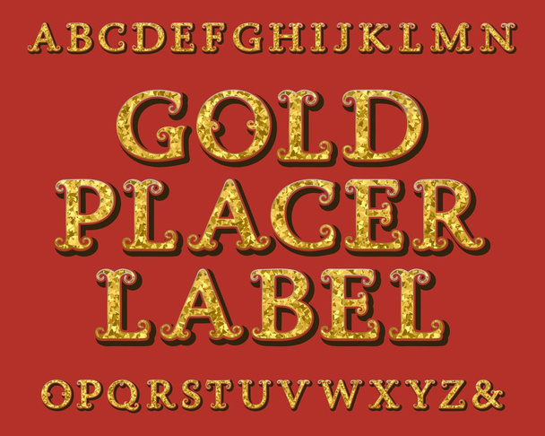 Goldplacer-Etikettenschrift. Jahrgangsschrift. isoliertes englisches Alphabet. - Vektor, Bild