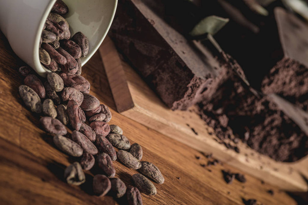 Sweet arrangement of cocoa beans and chocolate bars on wooden surface. - Foto, Bild