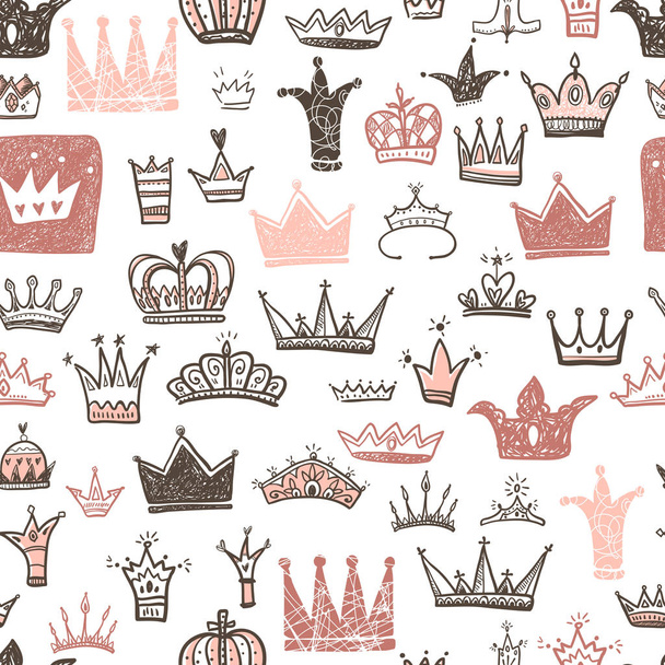 Hand drawn Various crowns set, vector illustration doodle cute style.  - Vector, Imagen
