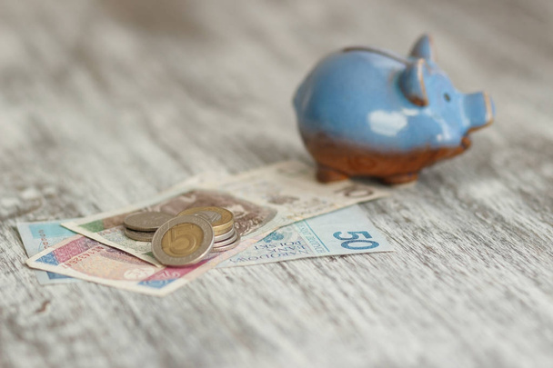 Polish zloty and piggy bank on the wooden background - Fotó, kép