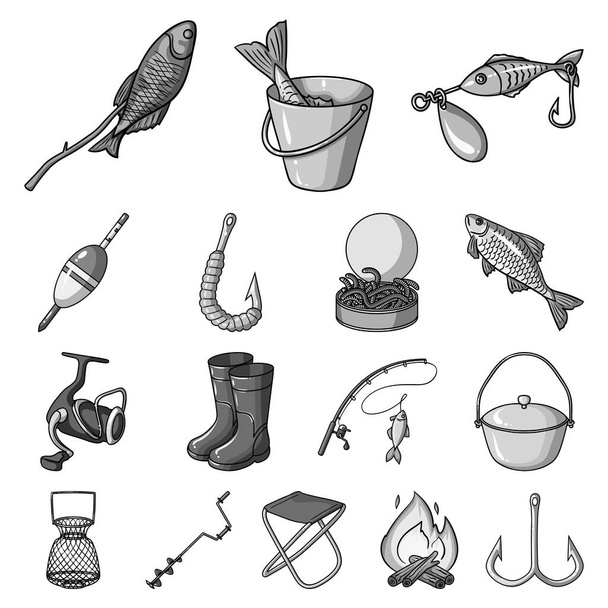 Fishing and rest monochrome icons in set collection for design. Tackle for fishing vector symbol stock web illustration. - Wektor, obraz