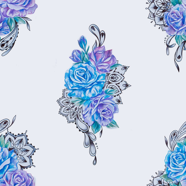 Seamless pattern of beautiful blue and purple roses on white background. - Zdjęcie, obraz