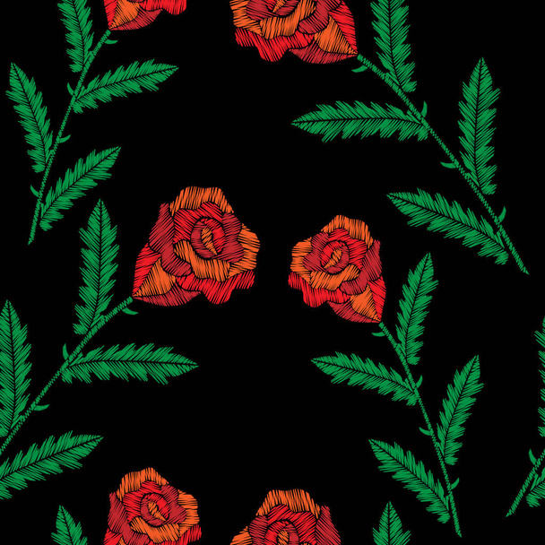 Seamless pattern with embroidery stitches imitation red roses - Vector, Imagen
