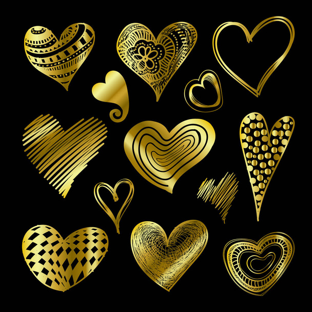 Gold doodle textured hearts different shapes set for your design. Valentines day golden pattern symbols of love isolated on black background. Vector hand drawn sketch illustration - ベクター画像