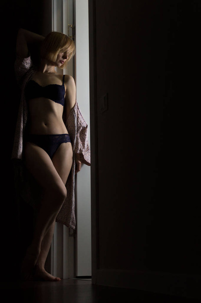 Sad Adult Woman in Lingerie in the Shadows - Foto, Imagem