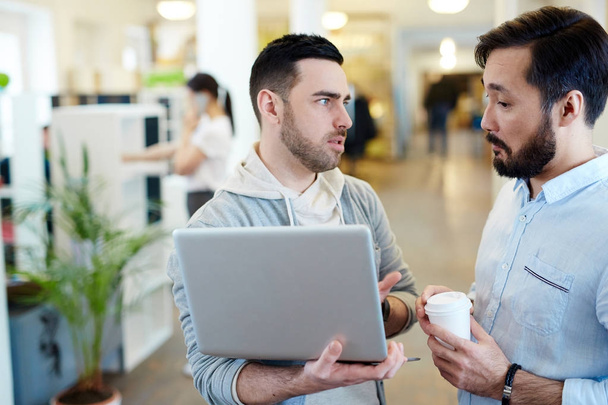Two modern business people discussing work project standing with laptop in open office space - Photo, Image