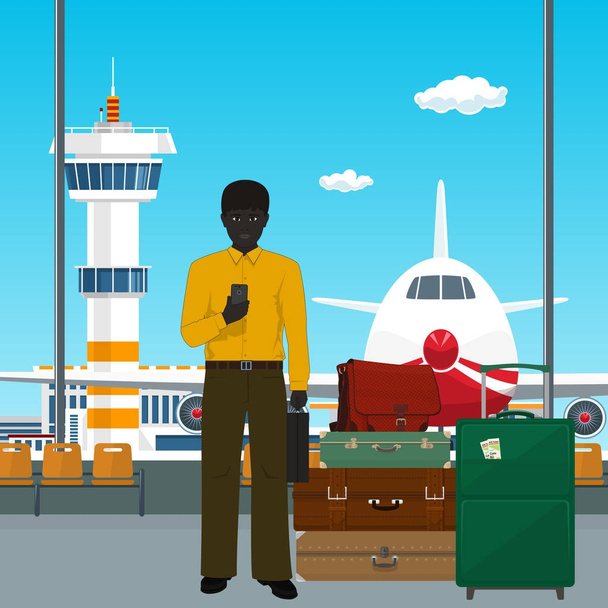 Афроамериканец в ожидании посадки на самолет
 - Вектор,изображение
