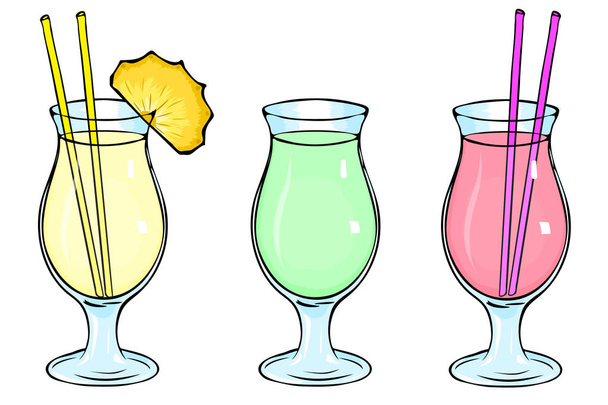 Set of three cocktails. Cocktail glass Pina Colada, smoothies, mojito. Pina Colada cocktail with a slice of pineapple. Green smoothies, pink, strawberry, berry smoothies. Glass goblet, straw. Eps 10 - ベクター画像