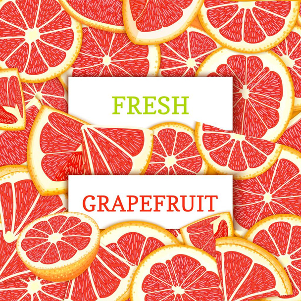 Two white rectangle label on red gfapefruit fruit background. Vector card illustration. Citrus and tropical red pomelo fruits slice for design of food packaging juice breakfast detox diet, jam. - Vector, Image