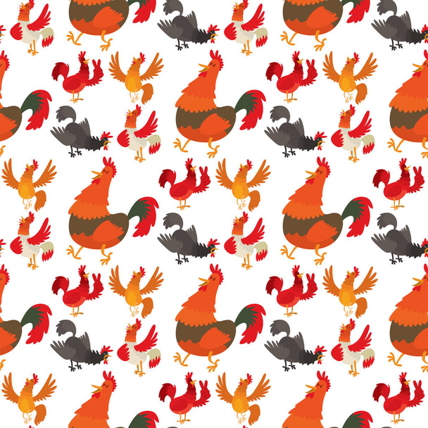 かわいい漫画酉ベクトル図鶏ファーム動物の農業国内文字のシームレスなパターン背景 - ベクター画像