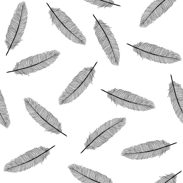 Bird feathers. Black and white seamless pattern. - Вектор,изображение