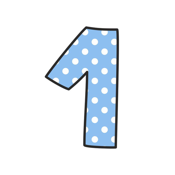 Hand drawn 1 vector number with polka dots on pastel blue isolated on white background - Vector, Image