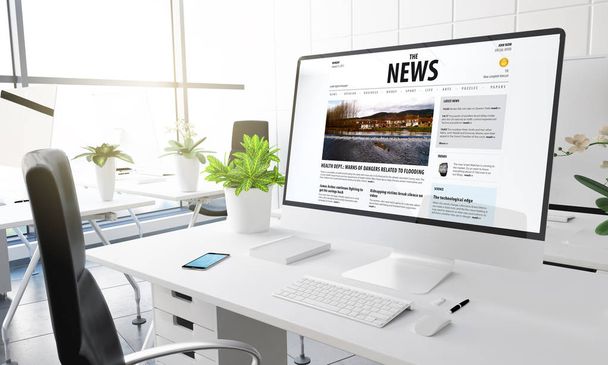 computadora con diseño del Web site de las noticias en la pantalla, lugar de trabajo moderno de la oficina, representación 3d
  - Foto, imagen