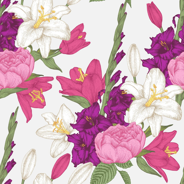 Padrão sem costura floral vetorial com flores de gladíolo desenhadas à mão, lírios e rosas em estilo vintage
 - Vetor, Imagem