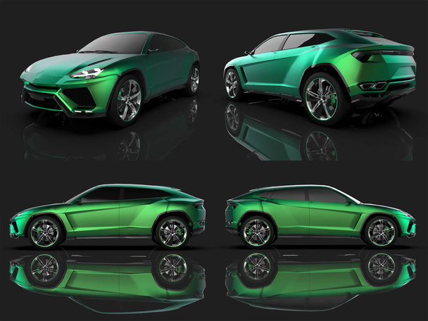 The newest sports all-wheel green premium crossover in a black studio with a reflective floor. 3d-рендеринг
. - Фото, изображение