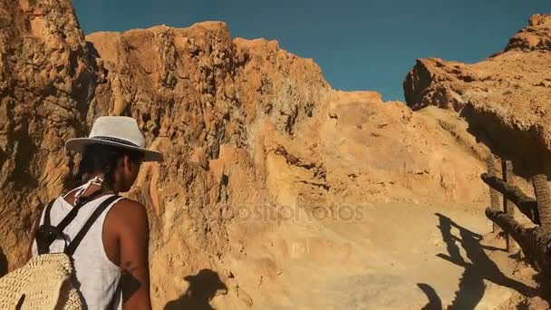 女の子が歩いてスローモーションをヒルズのサハラでサハラ砂漠の単独で歩いている女の子のショットを安定化/。アフリカの砂漠を冒険します。. - 映像、動画