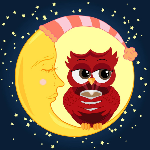 Cute cartoon owl coquettish red with a cup of coffee sitting dormant on the crescent against the night sky with stars - Vector, Image