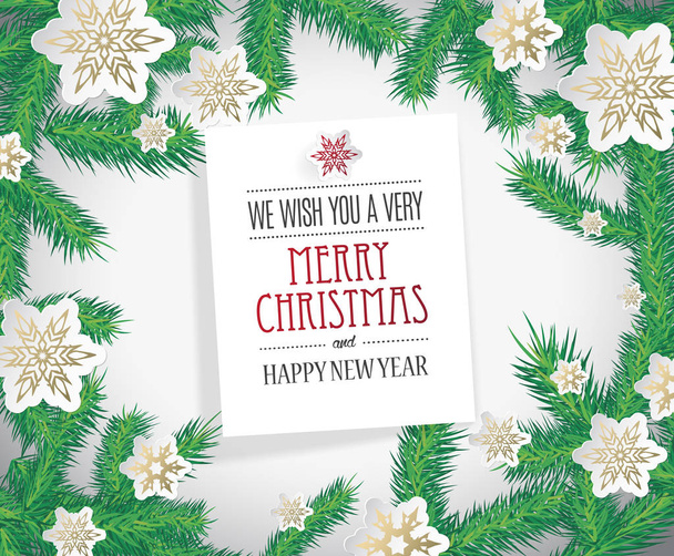 Sněhové vločky zlaté papíru s veselé vánoční přání a borovice podprsenku - Vektor, obrázek
