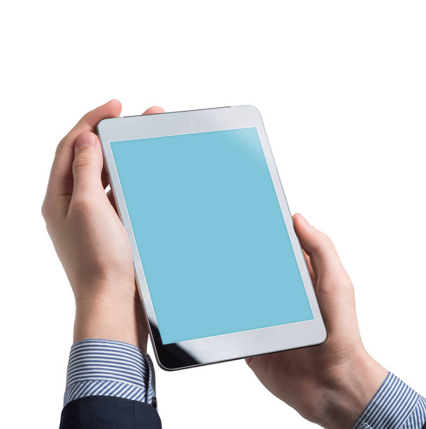 Maquette d'un homme tenant un appareil tablette numérique
 - Photo, image