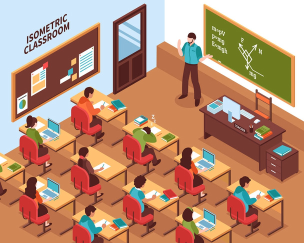 School Classroom Lesson Isometric Poster  - Vector, Image
