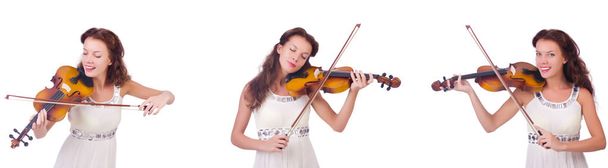 vrouw speelt viool geïsoleerd op witte achtergrond - Foto, afbeelding