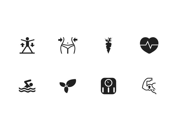 Ensemble de 8 icônes d'exercice modifiables. Comprend des symboles tels que les échelles, minceur, battements de cœur et plus encore. Peut être utilisé pour la conception web, mobile, UI et infographique
. - Vecteur, image
