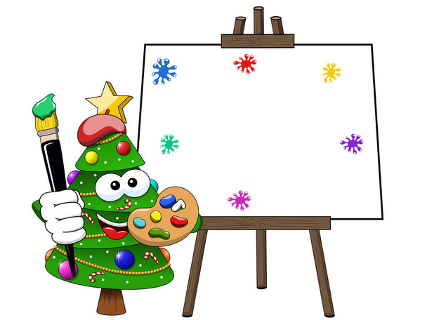 Χριστούγεννα χριστουγεννιάτικο δέντρο μασκότ χαρακτήρα ζωγράφος βούρτσα καλλιτέχνης κενό  - Διάνυσμα, εικόνα