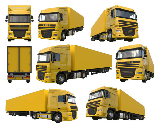 Установить большой желтый грузовик с полуприцепом. Шаблон для размещения графики. 3d-рендеринг
. - Фото, изображение