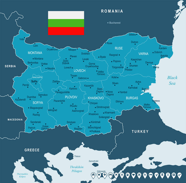 Bulgarije - kaart en vlag - gedetailleerde vectorillustratie - Vector, afbeelding