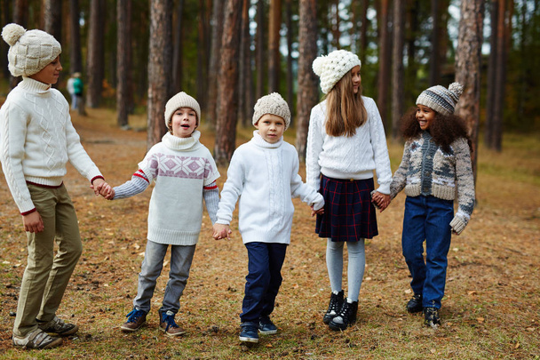 Gruppe von Kindern, die im Kiefernwald an warmen Herbsttagen Händchen haltend als Geschwister posieren, die alle ähnliche Strickkleidung tragen - Foto, Bild